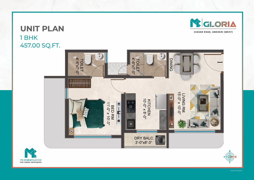 MK Gloria 1 BHK Typology A floor plan