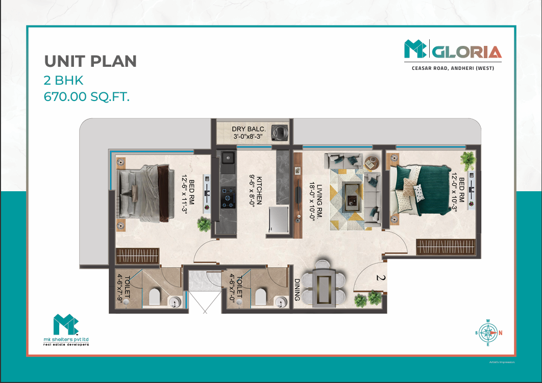 MK Gloria 2 BHK Typology A floor plan
