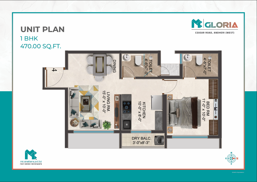 MK Gloria 1 BHK Typology B floor plan
